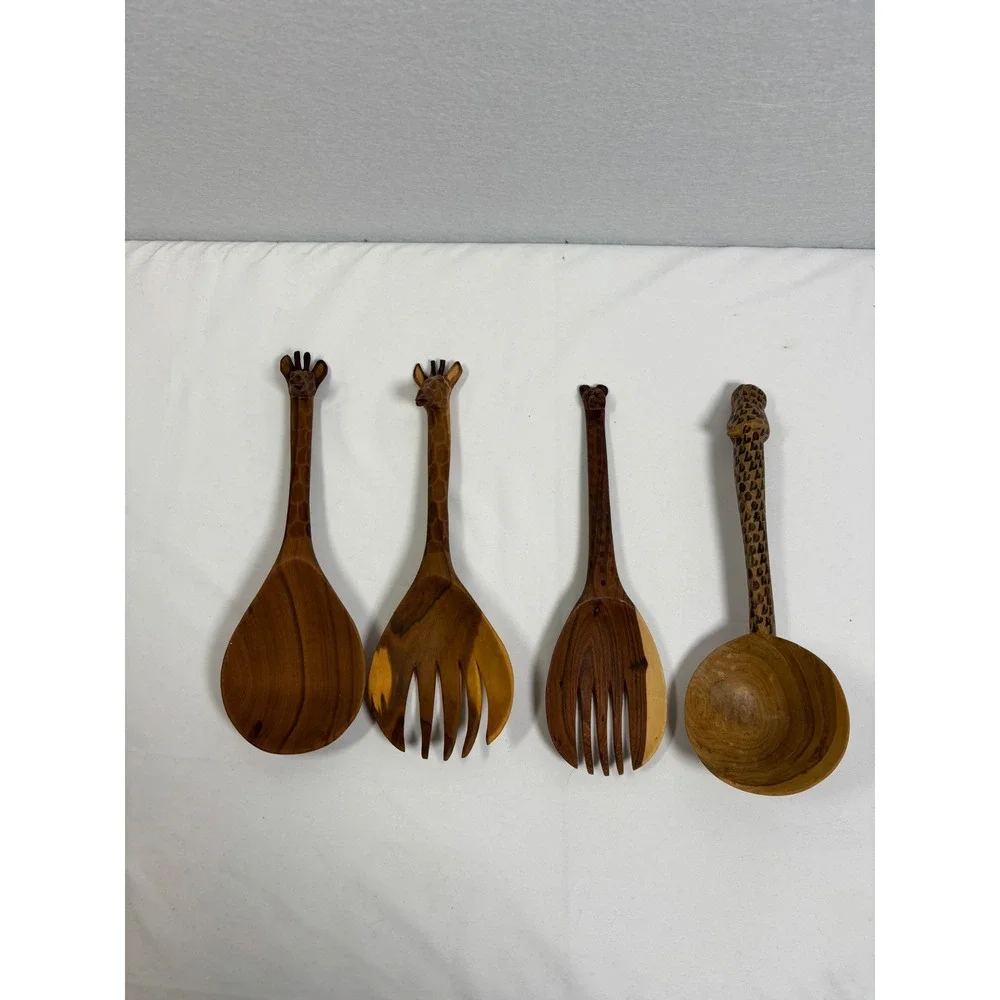 Vintage Hand Carved Wood Giraffe Salad Servers Ladle Set 4pc Safari Boho Decor